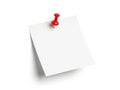 Single red pushpin securing a white note isolated on white background Royalty Free Stock Photo
