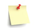 Single red pushpin securing a yellow note isolated on white background Royalty Free Stock Photo