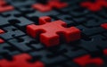 Single red puzzle piece among black pieces, representing uniqueness, solution and leadership concept with dramatic lighting Royalty Free Stock Photo