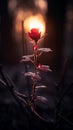 a single red rose in the dark with the sun in the background Royalty Free Stock Photo