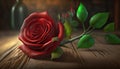 a single red rose with green leaves on a wooden table next to a bottle of wine and a vase with a green leaf on it Royalty Free Stock Photo