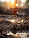 a single red rose growing out of the mud in the middle of a field Royalty Free Stock Photo