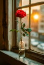 Single red rose sits in bottle of water on windowsill at sunset. Generative AI Royalty Free Stock Photo