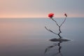 a single red rose is sitting on top of a rock in the middle of the water Royalty Free Stock Photo