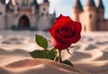 A single red rose stands in stark contrast with a magnificent castle in the background