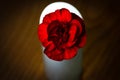 A single red rose in a white vase on a wooden table