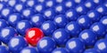 Single red sphere in the middle of group of blue spheres background, team, leadership or individuality concept Royalty Free Stock Photo