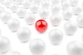 Single red sphere in the middle of group of white spheres over white background, team, leadership or individuality concept