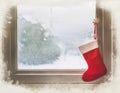 A single red stocking hanging by a snowy window
