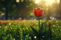 A single red tulip is standing in the grass Royalty Free Stock Photo