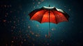 Single red umbrella under rain drops. Elegant opened umbrella with heavy fall rain over blurred darl blue background. Rainy season