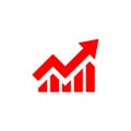 Single red vector arrow growing pointing up on chart graph bars