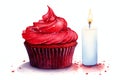 A single red velvet cupcake with a candle Valentine Day background Royalty Free Stock Photo