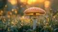A Single Red and White Toadstool Growing in a Dewy Forest Clearing at Sunrise Royalty Free Stock Photo