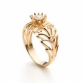 Golden Leaves Ring With Flower Design And Diamonds