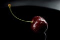 A single ripe cherry berry on a black plate Royalty Free Stock Photo