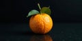 A single ripe mandarin orange with attached green leaves on a dark reflective surface. Generative AI Royalty Free Stock Photo