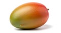 A ripe, oval-shaped mango fruit displaying a gradient of green, yellow, orange, and red on a white background Royalty Free Stock Photo