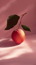 Single ripe peach with leaves casting a soft shadow on a pink surface Royalty Free Stock Photo