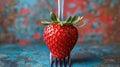A single, ripe strawberry on a fork against a rustic background Royalty Free Stock Photo