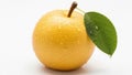 A single ripe yellow pear with a green leaf and water droplets against a white background Royalty Free Stock Photo