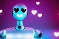 A single, heart-formed robot, with a dreamy gaze, is surrounded by symbols of passion