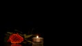 Single romantic orange rose with a burning candle Royalty Free Stock Photo