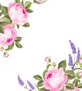 Single rose card. Gentle vintage card with hand drawn floral wreath in watercolor style - fragrant lavender.