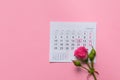 single rose flower lying on calendar page showing february 2020, valentin, valentine card concept, calendar, pink background, Royalty Free Stock Photo