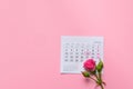 Single rose flower lying on calendar page showing february 2020, valentin, valentine card concept, calendar, pink background, Royalty Free Stock Photo