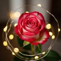 Single rose with string lights, isolated on white background Royalty Free Stock Photo