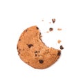 Single round chocolate chip biscuit with crumbs and bite missing, isolated on white from above.