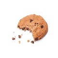 Single round chocolate chip biscuit with crumbs and bite missing, isolated on white from above. Royalty Free Stock Photo
