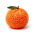 Orange Fruit Made of Knitted Yarn With Green Leaf and Stem Against White Background Detailed Texture Studio Shot Royalty Free Stock Photo