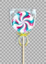Single round striped lollipop packed in transparent cellophane bag or pack with a decorative yellow ribbon. Realistic 3D Vector il