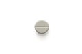 Single round white pill on white isolated background with clipping path and copy space. Medical and clinical concept. Close Up