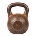 A vintage cast iron kettlebell with a textured surface and a numbered weight marking isolated on white background Royalty Free Stock Photo