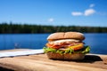 single sandwich on blue picnic table beside a lake