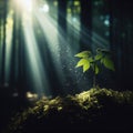 Single sapling grows in forest light.