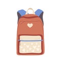 Single school bag for girl child with cute design decorated hearts and zip pocket isolated on white