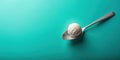 A single scoop of creamy frozen dessert rests on a metallic spoon against a vibrant teal backdrop. Generative AI Royalty Free Stock Photo