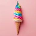A Single Scoop of Unicorn Colored Ice Cream in a Cone, Rainbow ice cream on colorful background