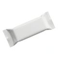 A single, sealed, white candy bar wrapper on a white background Royalty Free Stock Photo