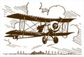 Single-seat rotary-engined racing biplane flying over trees and hangars near an airfield. llustration after a lithography from the