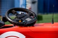Single seater formula racing car steering wheel detail