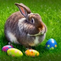 Single sedate American Fuzzy Lop rabbit sitting on green grass with easter eggs Royalty Free Stock Photo