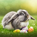Single sedate American Fuzzy Lop rabbit sitting on green grass with easter eggs