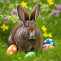 Single sedate furry American Sable rabbit sitting on green grass with easter egg