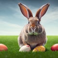 Single sedate furry Checkered rabbit sitting on green grass with easter eggs.