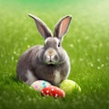 Single sedate furry Creme rabbit sitting on green grass with easter eggs.